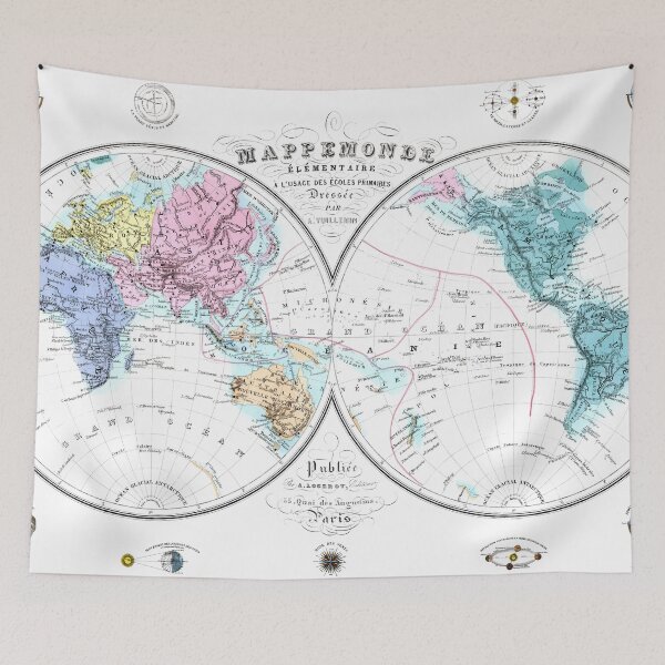 Aperçu de l'œuvre Carte du monde 1876 décoration de dortoir mappemonde de l'école française Impression d'art créée et vendue par FrenchPrinting.