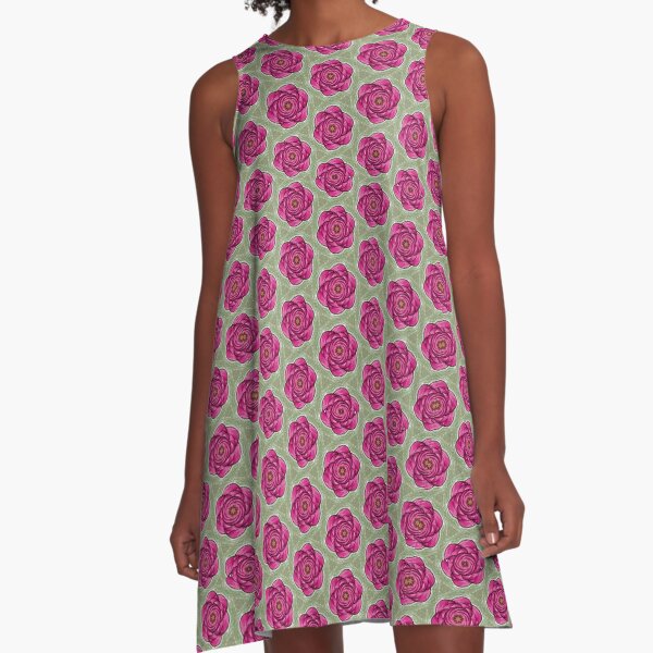 Green and Rose Abstract Flower A-Line Dress