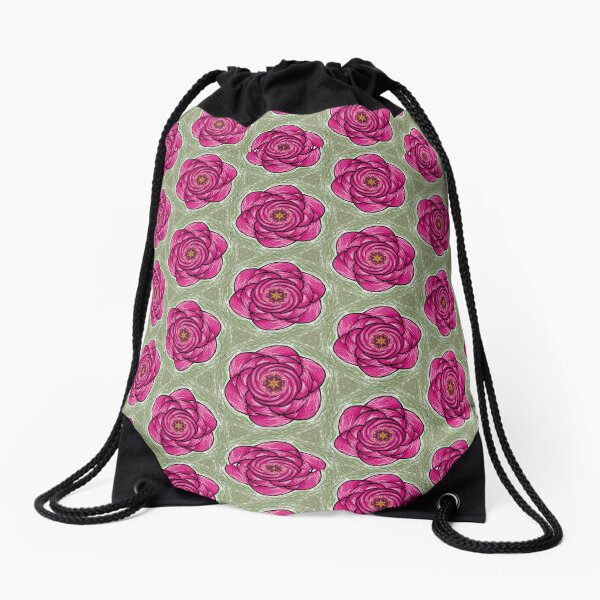 Green and Rose Abstract Flower Drawstring Bag
