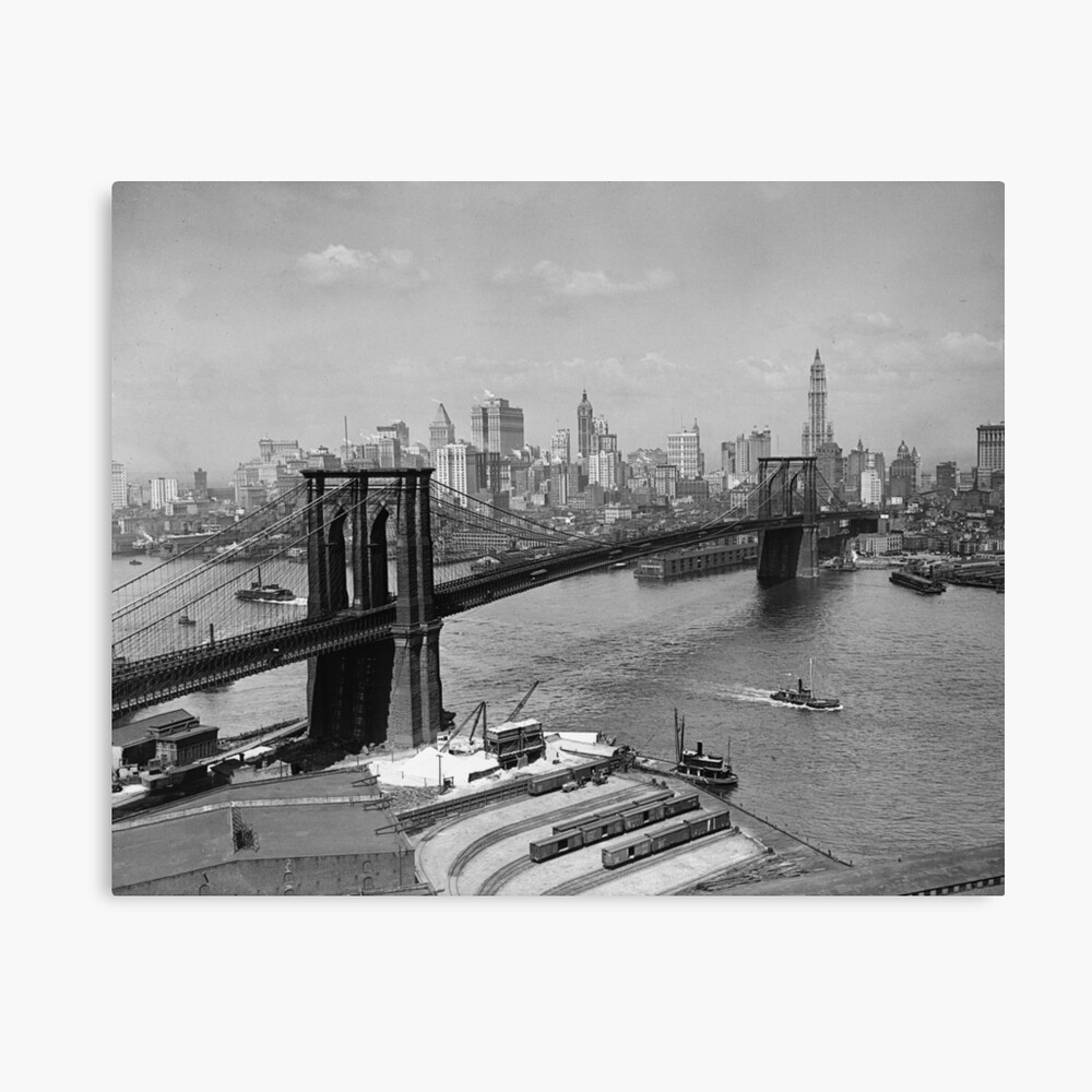 Brooklyn Bridge & New York Skyline 1920. Vintage Photo Reproduction Print.  Black and White Photograph. Manhattan City 1920s 20s. 