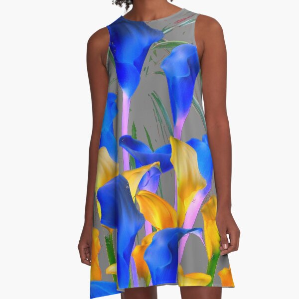 GREY MODERN ABSTRACT BLUE & GOLD CALLA LILY A-Line Dress