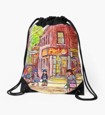 POINTE ST CHARLES CORNER DINER CHARLEVOIX AND COLERAINE BEAUTIFUL MONTREAL SUMMER STREET C SPANDAU Drawstring Bag