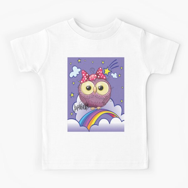 Cute Purple Owl in Superhero Unicorn Background / Unicorn Owl Scenery / Travel with an Owl Superhero Kids T-Shirt