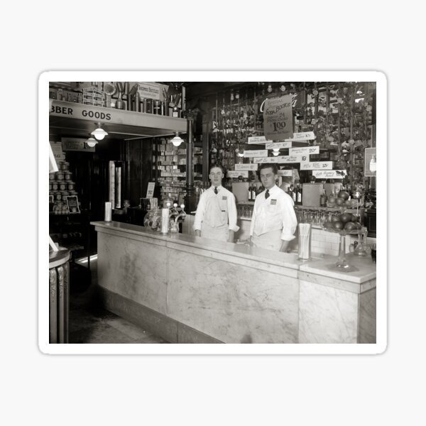 Drug Store Soda Fountain, 1921. Vintage Photo Sticker