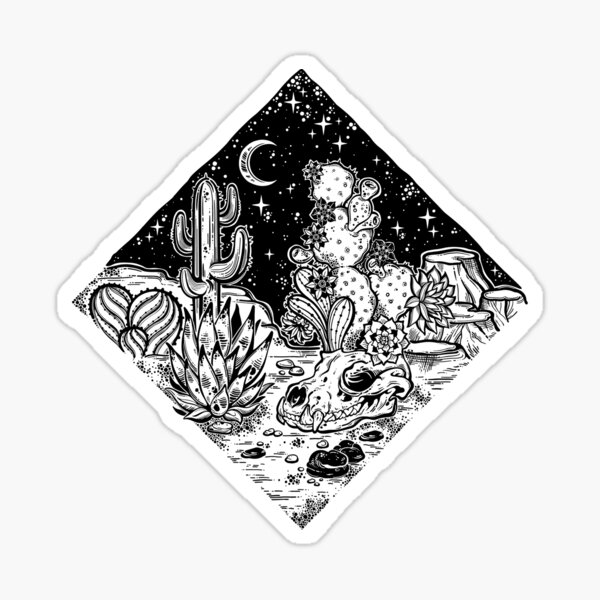 Night desert of America with cacti and animal skull. Sticker