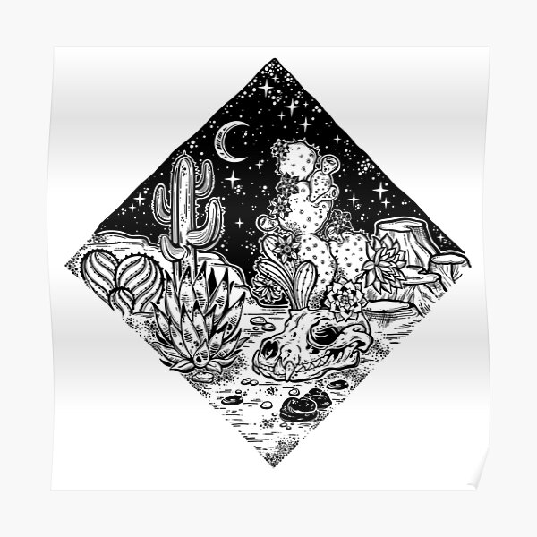 Night desert of America with cacti and animal skull. Poster