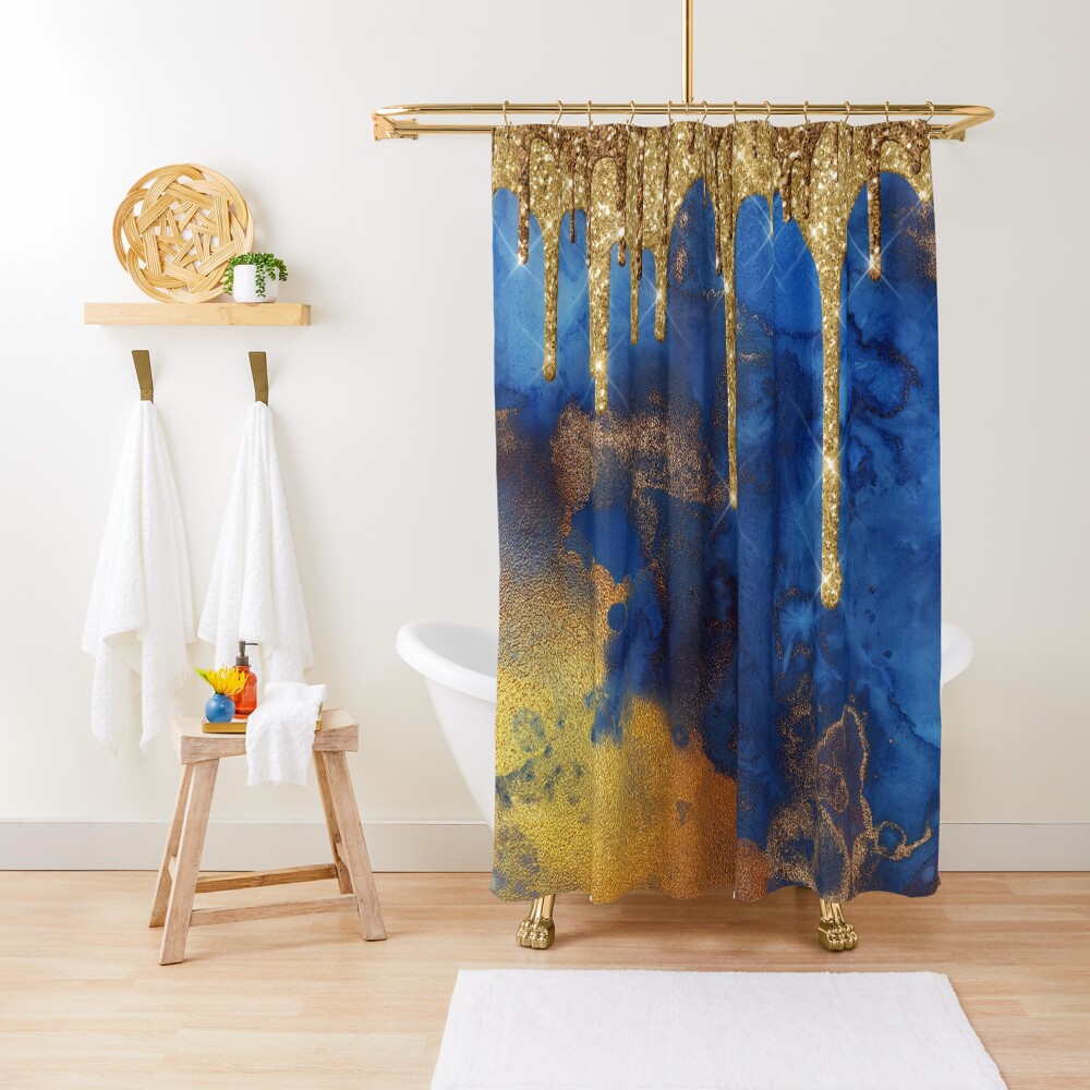 Gold Glitter Rain on Indigo Ink Marble Shower Curtain