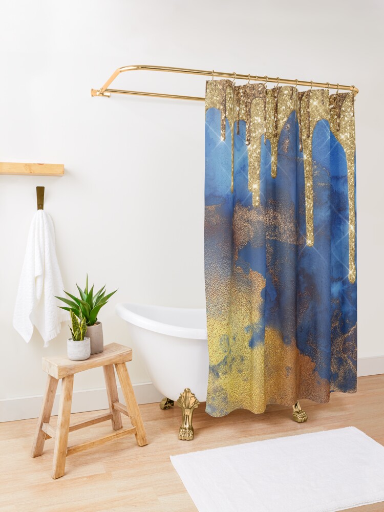 Alternate view of Gold Glitter Rain on Indigo Ink Marble Shower Curtain