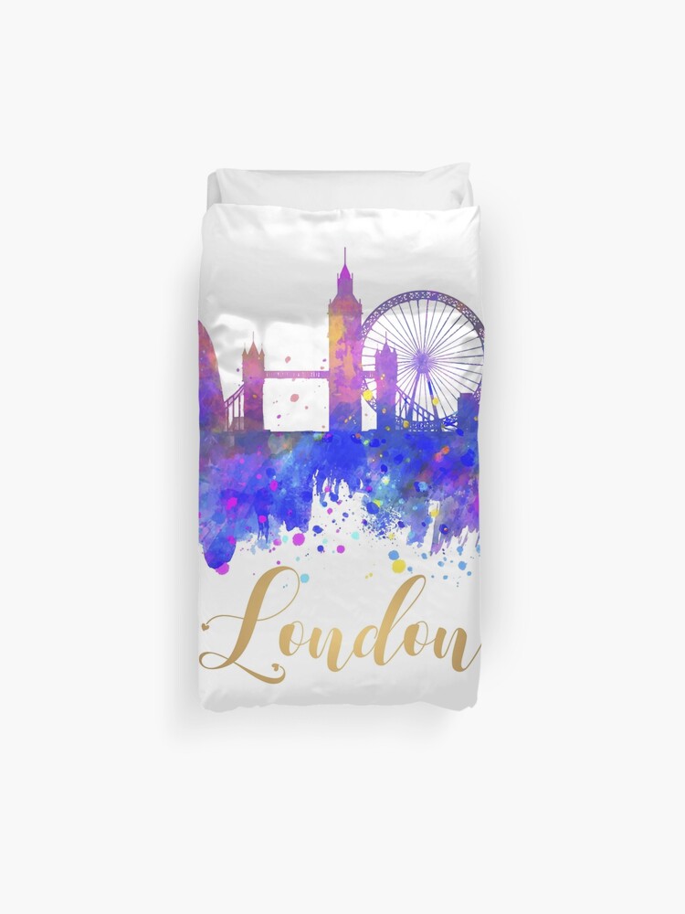 London Skyline Uk Cityscape Watercolor Duvet Cover By Tanabe