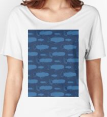 Blue Fish Silhouette, Seamless Seaweed Animal Vector Pattern Background Women's Relaxed Fit T-Shirt