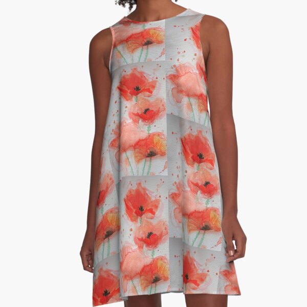 Red Poppy Watercolor Painting A-Line Dress