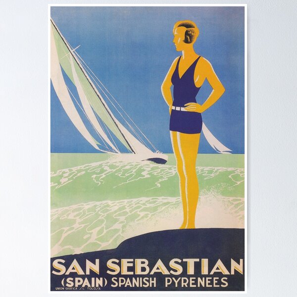 Item preview, San Sebastian Spain Woman and Sailboat Vintage Travel Poster designed and sold by vintagevivian.