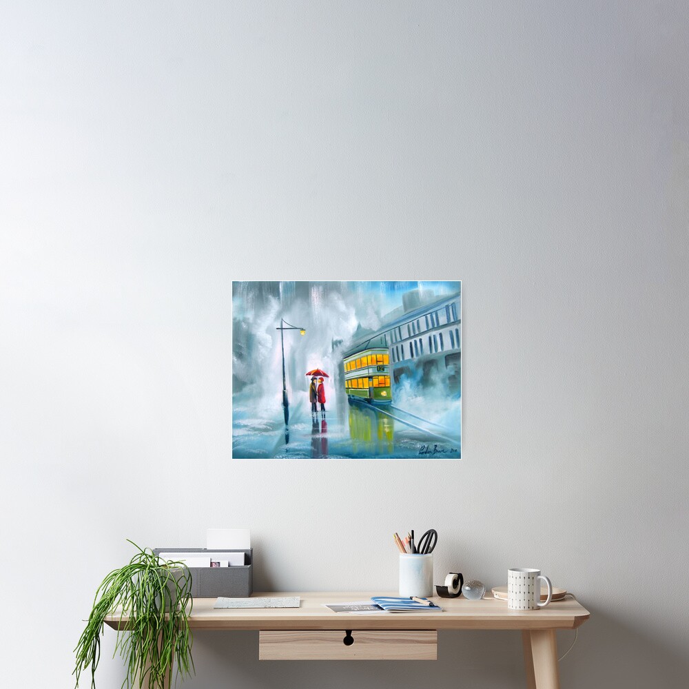 SAYING GOODBYE rainy day umbrella painting Poster
