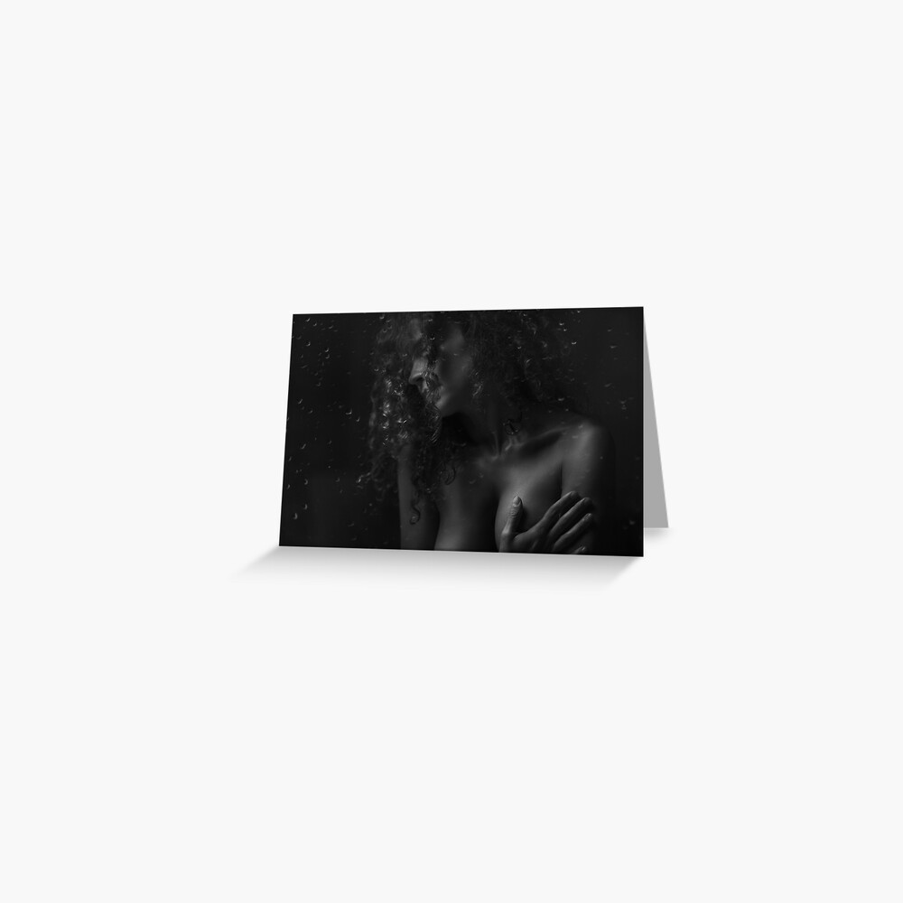 Sensual art nude black and white portrait of a woman covering her breasts  behind wet window in night light art photo print