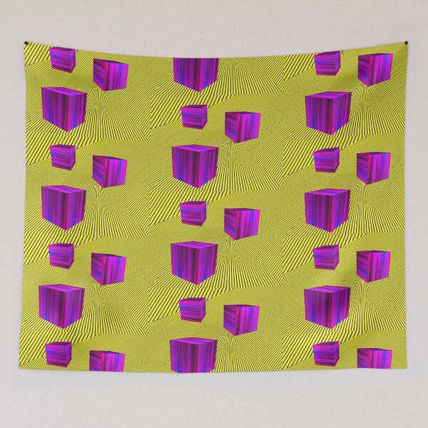Item preview, Pink  Riddle Cubes shapes on yellow striped pattern. designed and sold by IaroslavB.