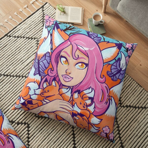 Kitsune in Bloom Floor Pillow