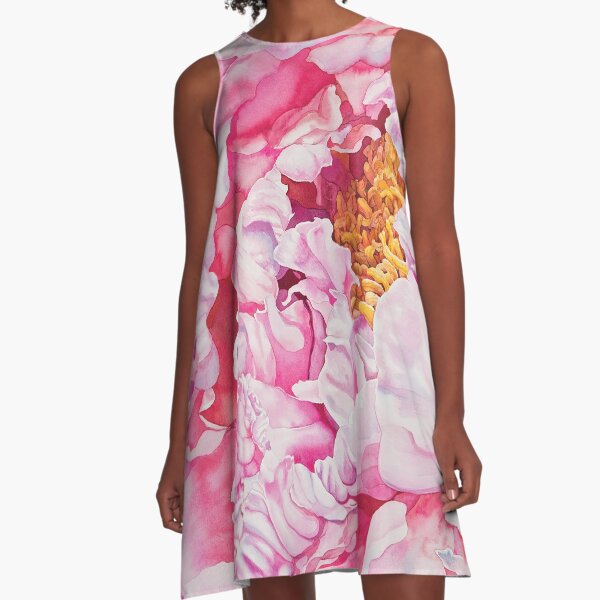 Pink Peony Watercolor A-Line Dress