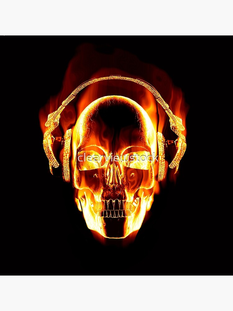 "Red Hot Jam Session Fiery Skull + headphones" Metal Print by