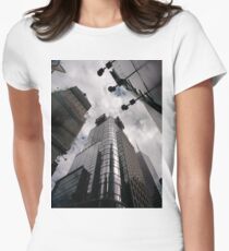 #Manhattan, #NewYork, #NewYorkCity, #buildings, #streets, #pedestrians, #people, #cars, #building, #architecture, #city, #skyscraper #sky, #urban, #glass, #downtown, #tower, #skyline, #tall Women's Fitted T-Shirt
