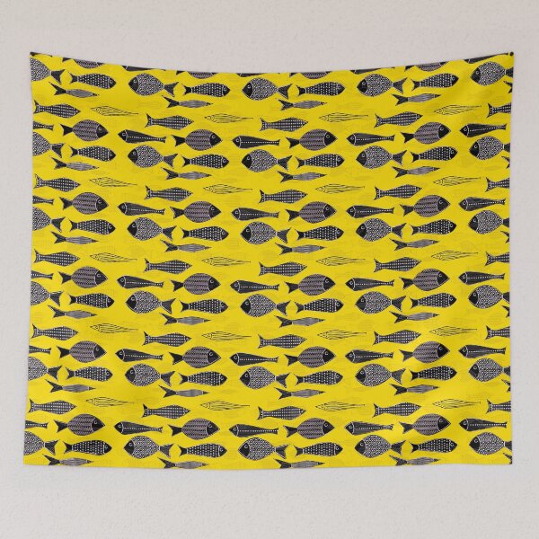 Item preview, Black patterned fish against yellow background designed and sold by Tee4Tu.