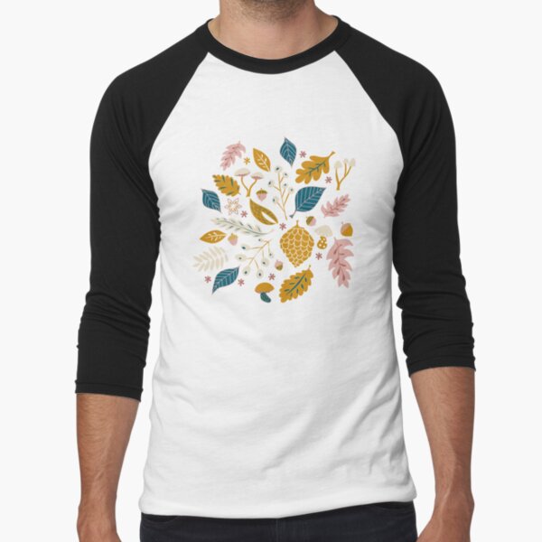 Fall Foliage in Gold + Blue Baseball ¾ Sleeve T-Shirt