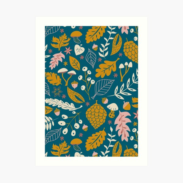 Fall Foliage in Gold + Blue Art Print