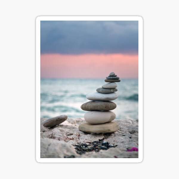 English seaside watercolour painting calm spiritual Zen Stone Pile on the beach