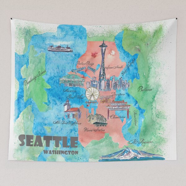 Item preview, Seattle Washington Fine Art Print Vintage Retro Travel Poster Map with Touristic Highlights designed and sold by artshop77.