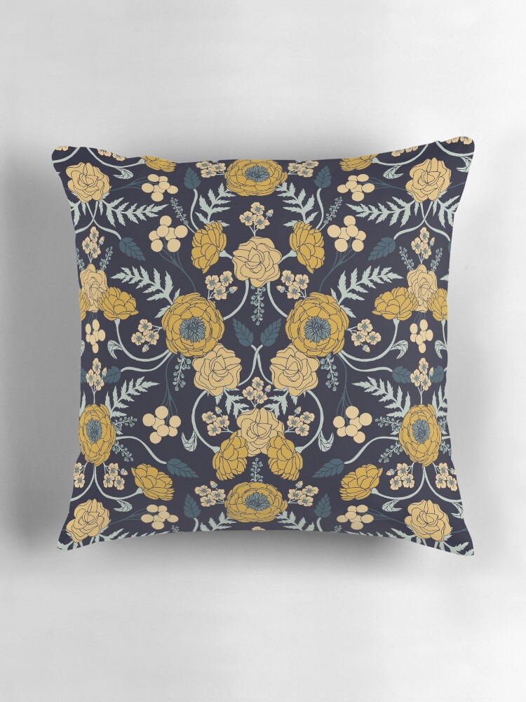 Navy Blue Turquoise Cream Mustard Yellow Dark Floral Pattern Pillow for Sale by somecallmebeth Redbubble