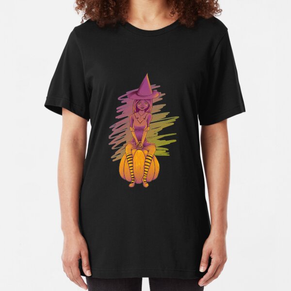 Witch Cutie on a Pumpkin Slim Fit T-Shirt
