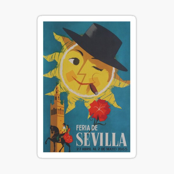 Seville Spain, Retro Whimsical Sun, Vintage Travel Poster Sticker