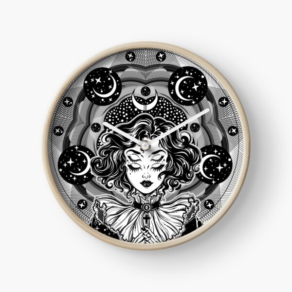 Girl portrait with four eyes, sacred space circle. Clock