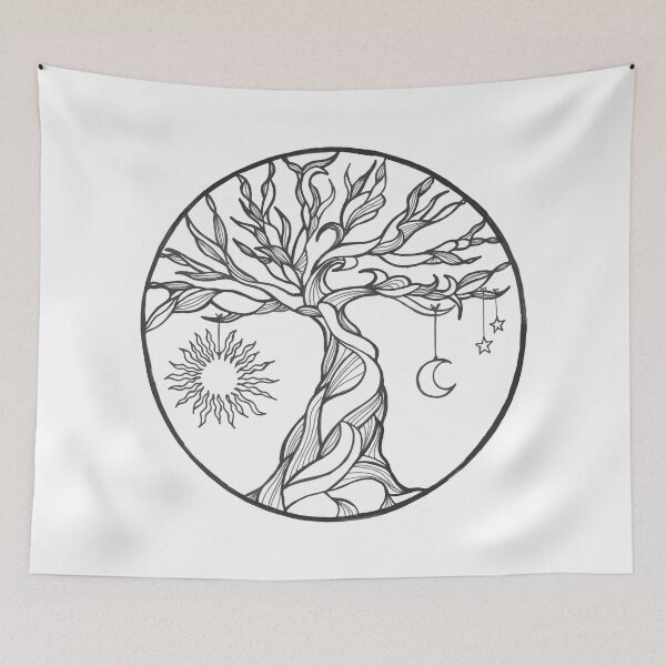 Item preview, black and white tree of life with hanging sun, moon and stars I designed and sold by vikkart.
