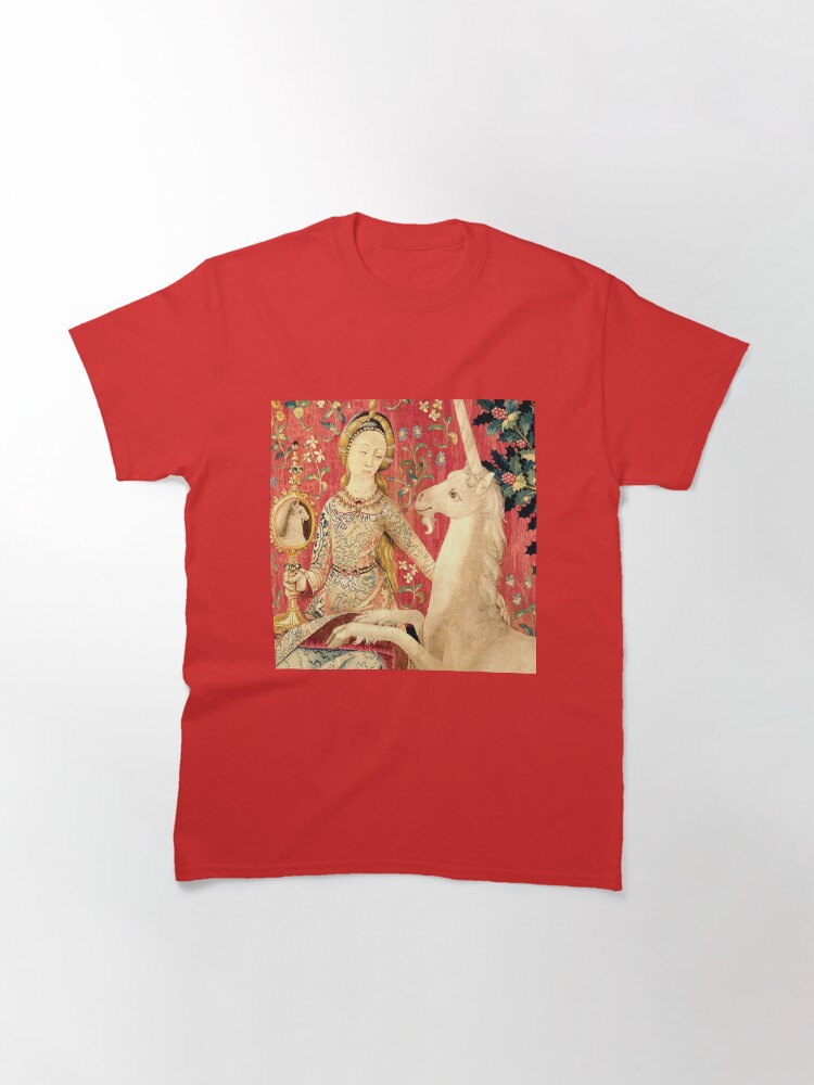 Alternate view of LADY AND UNICORN ,SIGHT Red Green Fantasy Flowers,Animals Detail Classic T-Shirt