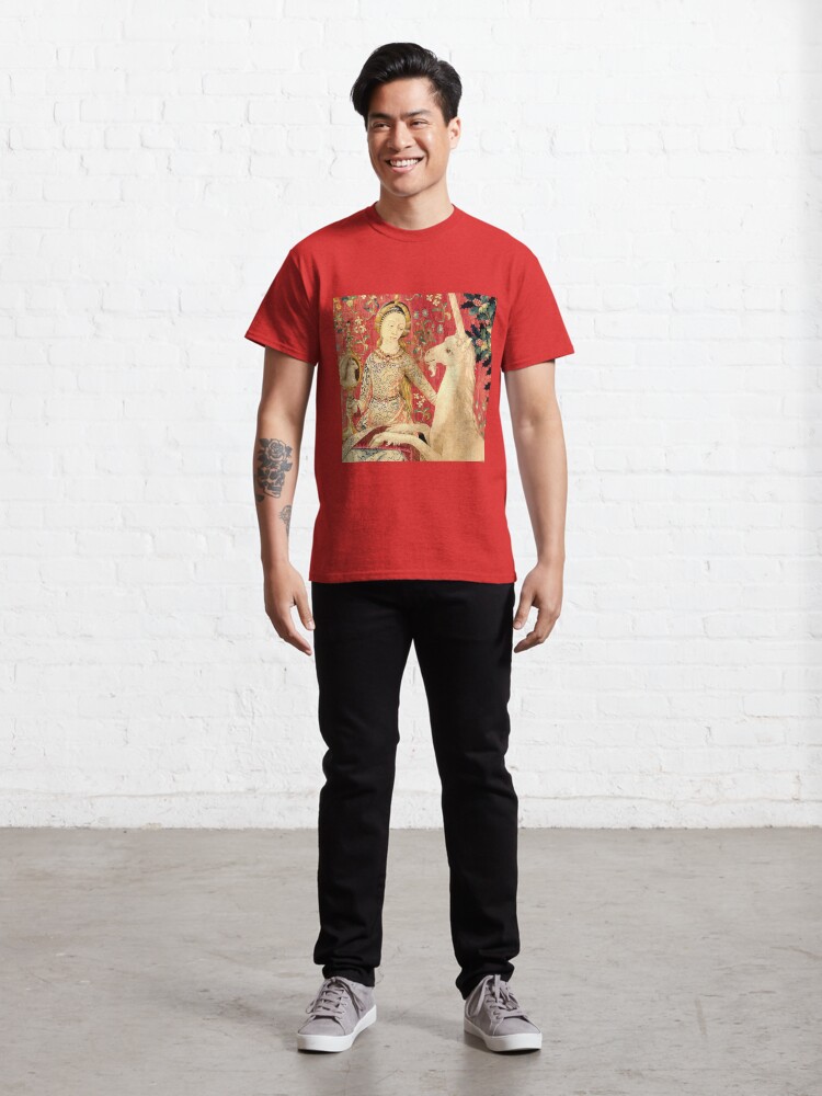 Alternate view of LADY AND UNICORN ,SIGHT Red Green Fantasy Flowers,Animals Detail Classic T-Shirt