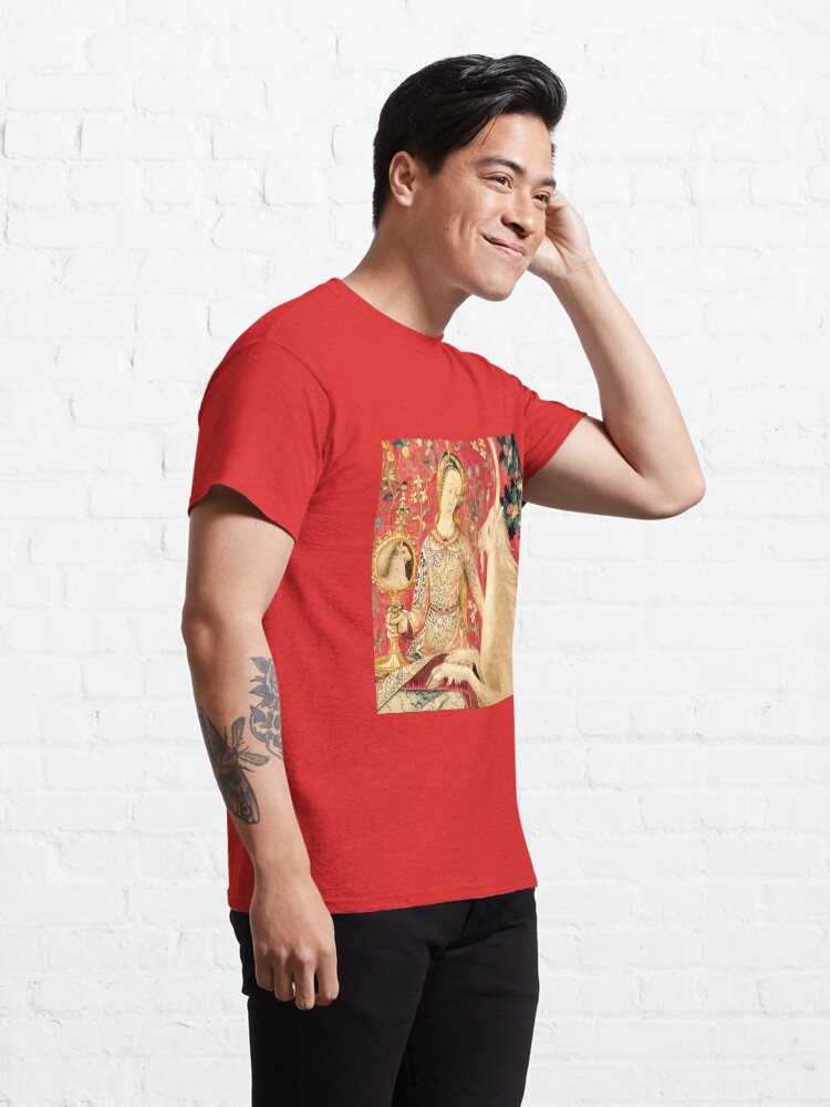 Alternate view of LADY AND UNICORN ,SIGHT Red Green Fantasy Flowers,Animals Detail Classic T-Shirt