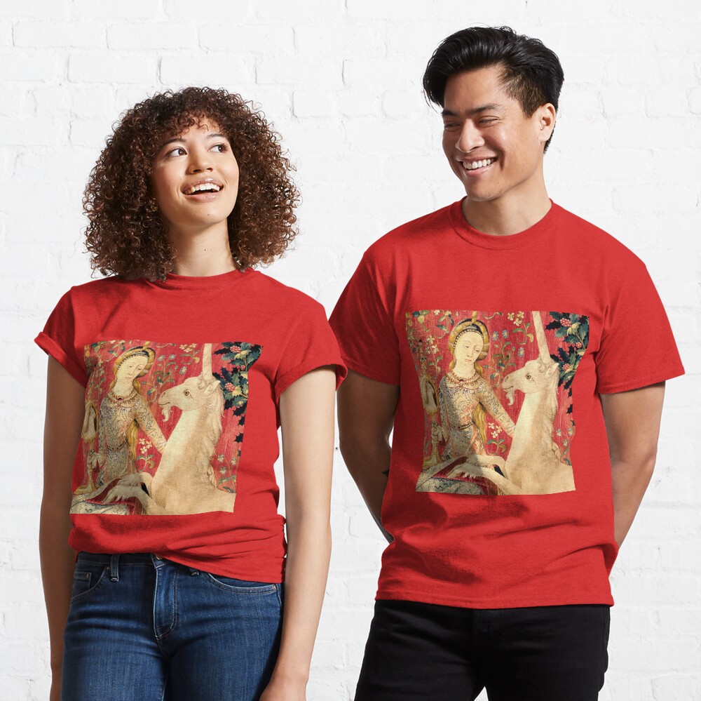 LADY AND UNICORN ,SIGHT Red Green Fantasy Flowers,Animals Detail Classic T-Shirt