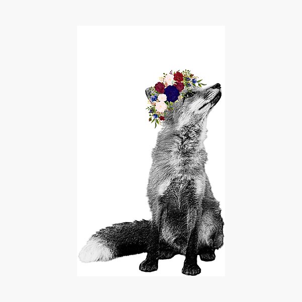 Item preview, Black White Fox with Flower Crown  designed and sold by ColorFlowArt.