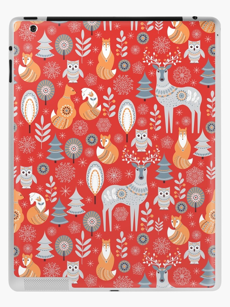 Christmas seamless pattern with deer, owls, foxes, and birds in white and  red. Scandinavian style. Folk art. Tapestry for Sale by Skaska