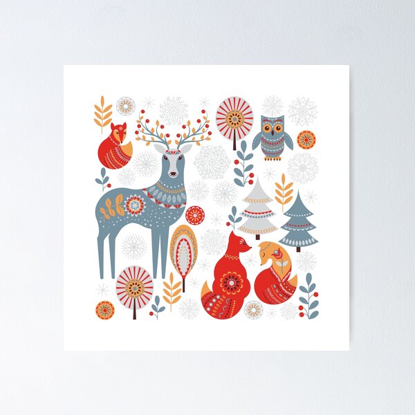 Scandinavian Christmas pattern on a red background. Deer, owls, foxes, trees and grass, snowflakes. Folklore style. Poster