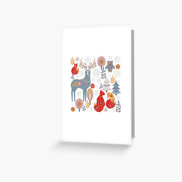 Scandinavian Christmas pattern on a red background. Deer, owls, foxes, trees and grass, snowflakes. Folklore style. Greeting Card