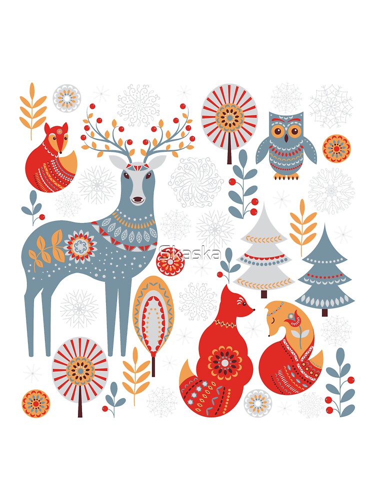 Scandinavian Christmas pattern on a red background. Deer, owls