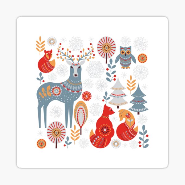 Scandinavian Christmas pattern on a red background. Deer, owls, foxes, trees and grass, snowflakes. Folklore style. Sticker