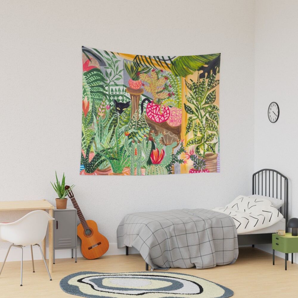 Black cat in the garden Tapestry
