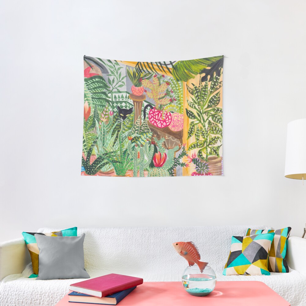Black cat in the garden Tapestry