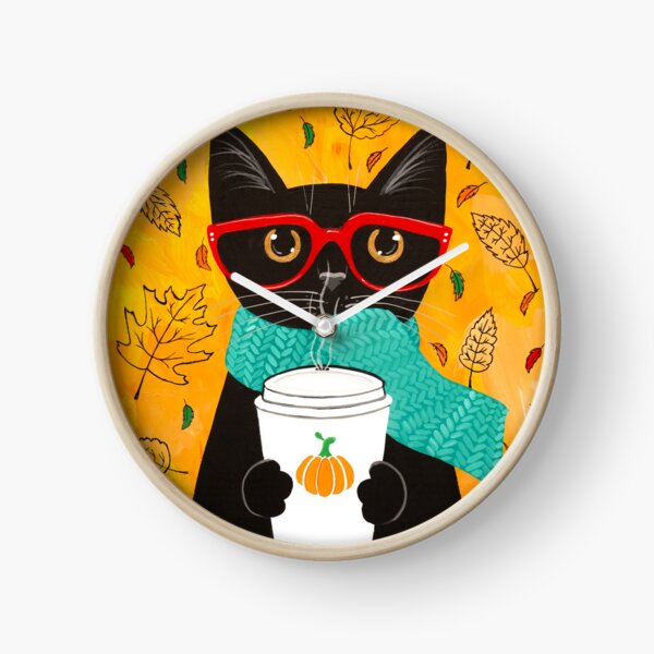 Autumn Pumpkin Coffee Cat Clock