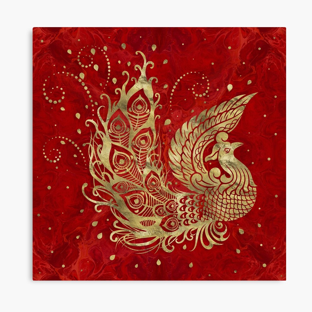 Golden Phoenix Bird on red