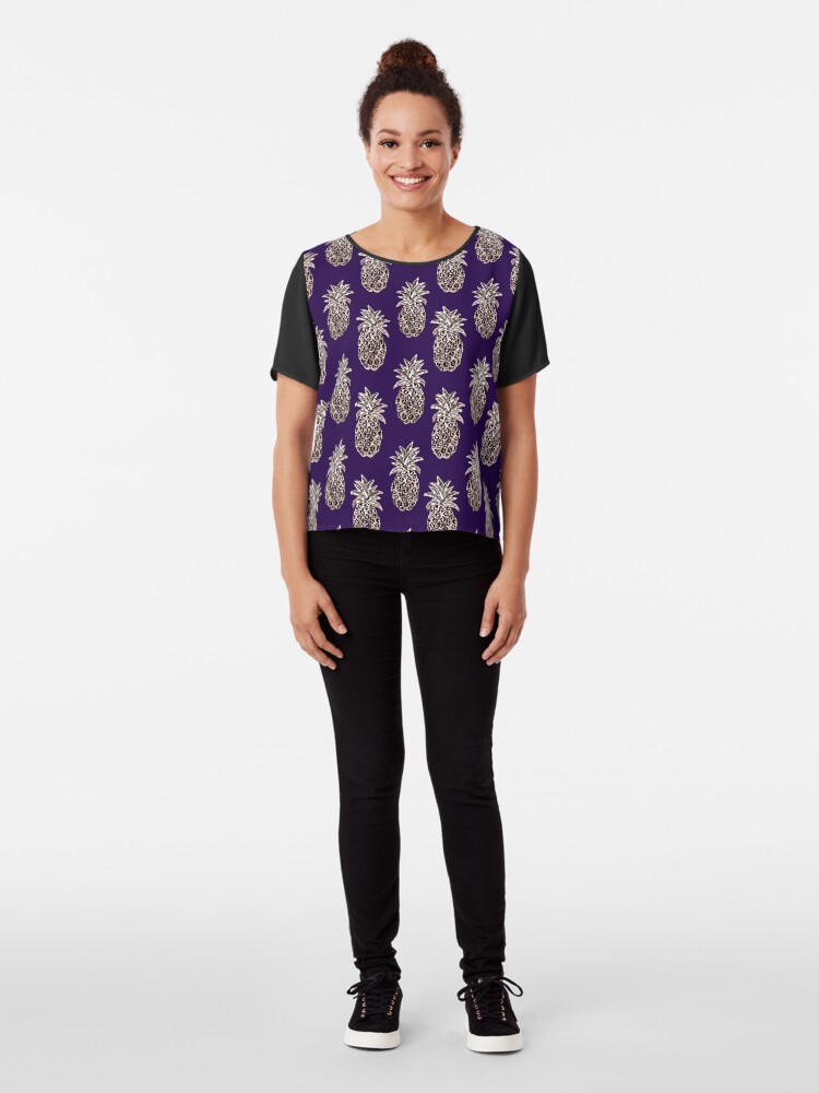 Alternate view of Rose Gold pineapples on purple Chiffon Top
