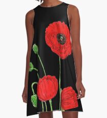 Red Poppy Flowers Watercolor A-Line Dress