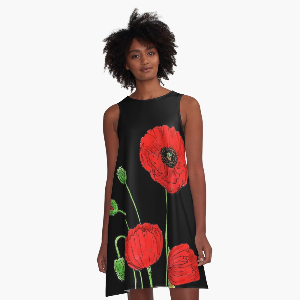 black dress with red poppies